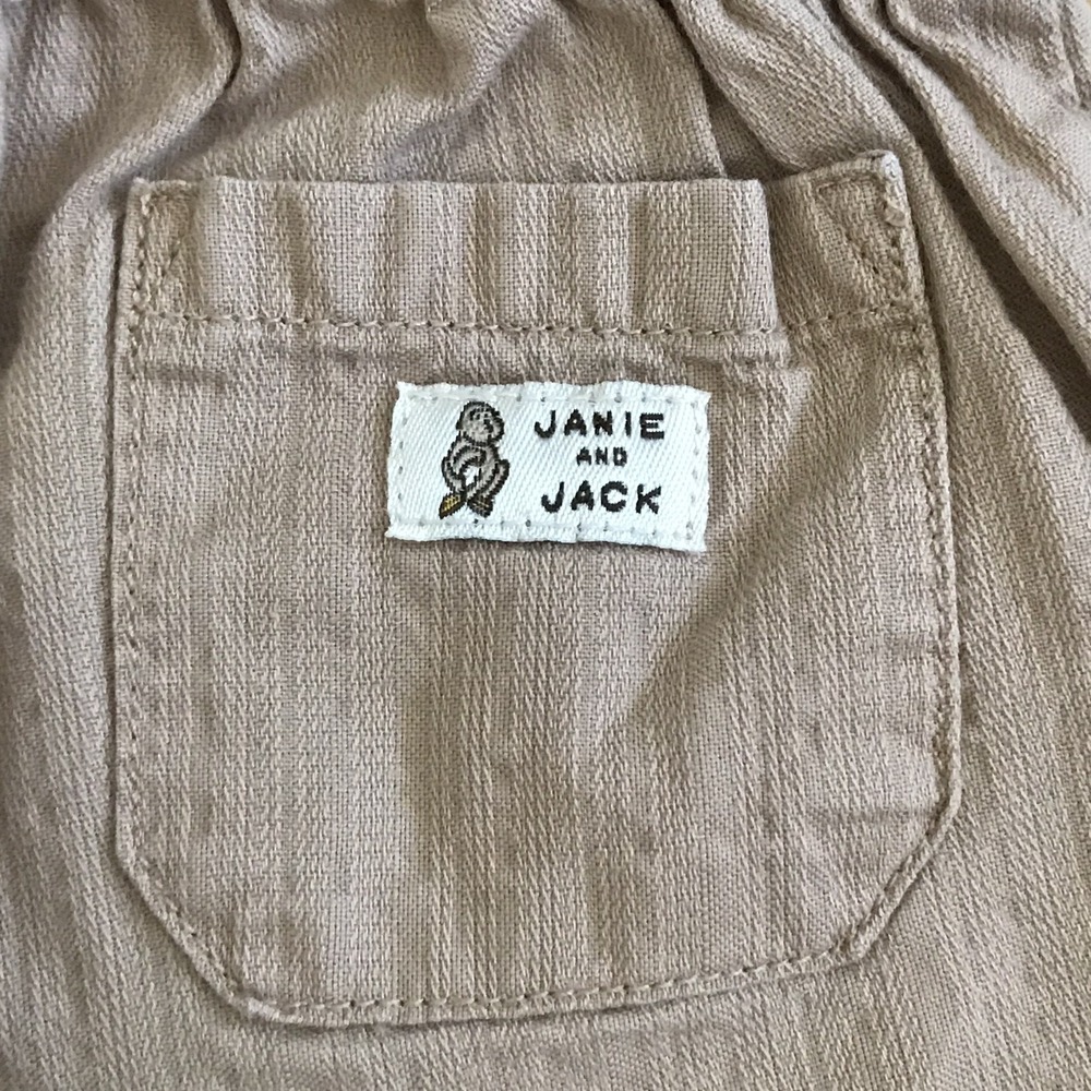 Janie and Jack Khaki Pull On Pants 6-12 Months Roll Tab Cuff Embroidered Monkey - Picture 9 of 16